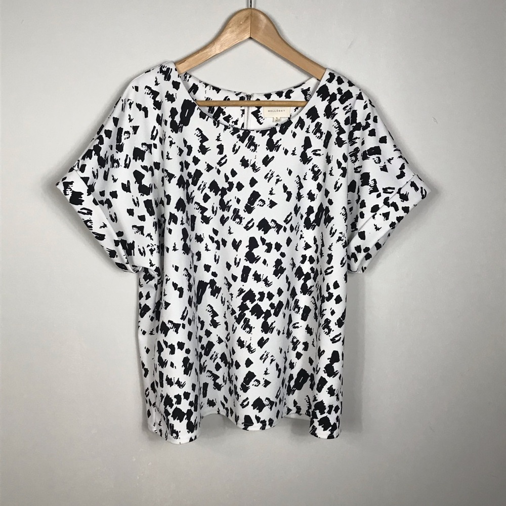 Melloday Short Sleeve Stretch Blouse Top White Black Print Size XL